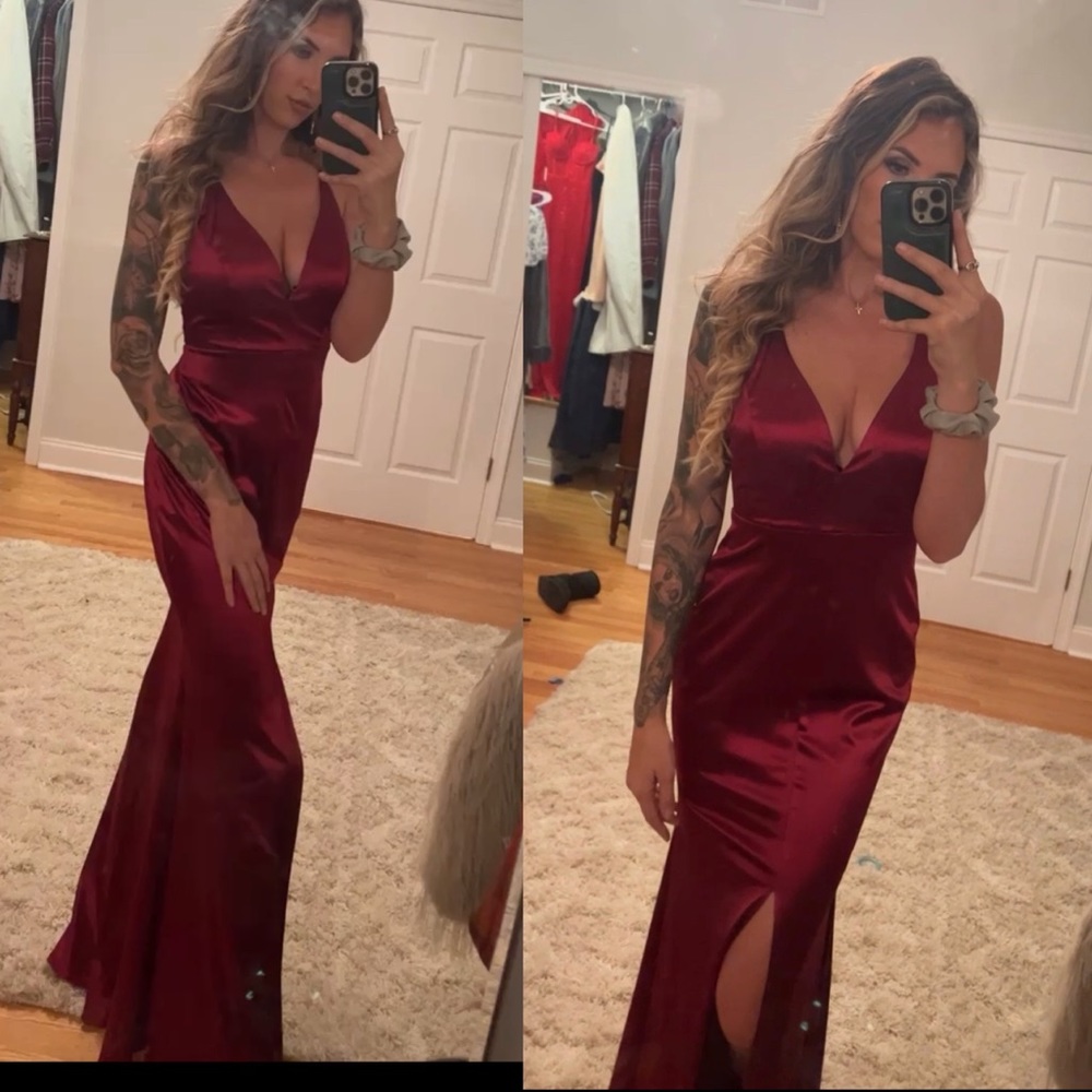 Long Red / Burgundy Satin Dress with Slit